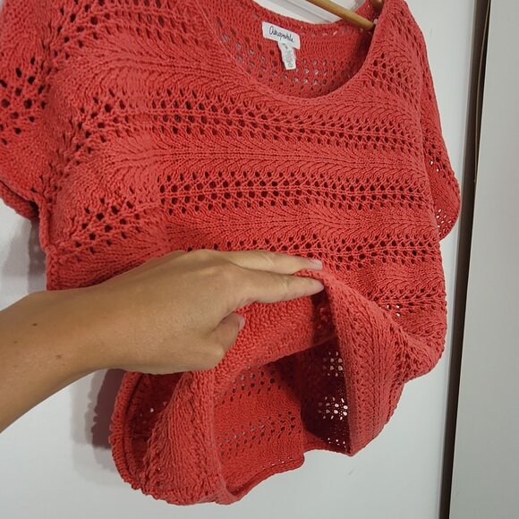 Aeropostale Red Orange Cotton Blend Short Sleeve Crochet Knit Crop Top Medium - Picture 4 of 10